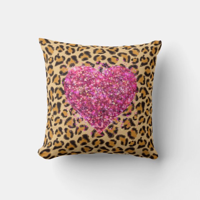 Wild sparkling pink Hearts and Leopard print Cushion (Front)