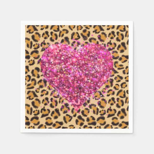 Wild sparkling pink Hearts and Leopard print Napkin (Front)