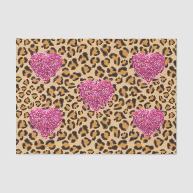 Wild sparkling pink Hearts and Leopard print Tissue Paper (Front)
