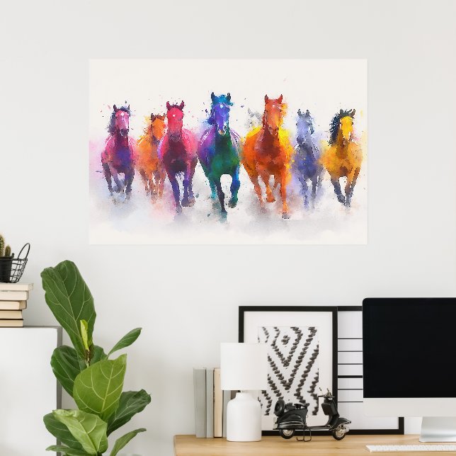 Wild Spectrum – Galloping Horses Watercolor Art Poster (Home Office)