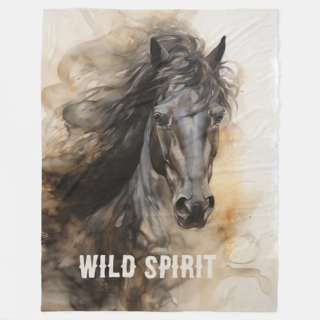 Wild Spirit Black Horse Portrait Fleece Blanket (Front)