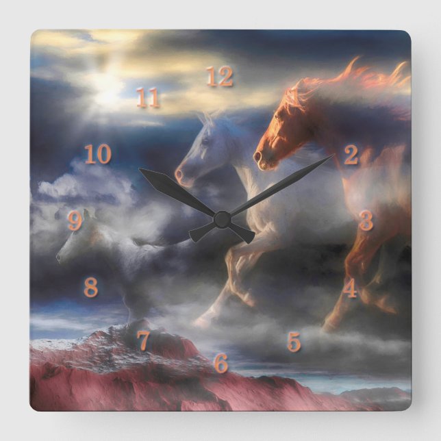 Wild Spirit Horses  RUN TILL TOMORROW Square Wall  Clock (Front)