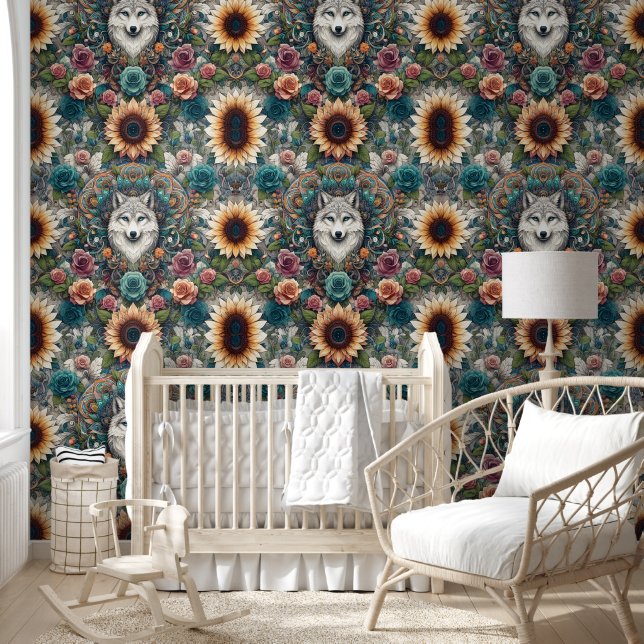 Wild Spirit Wolf & Sunflower Bliss Wallpaper (Kids)