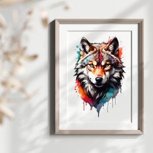 Wild Spirit Wolf Watercolor Splash Wall Art