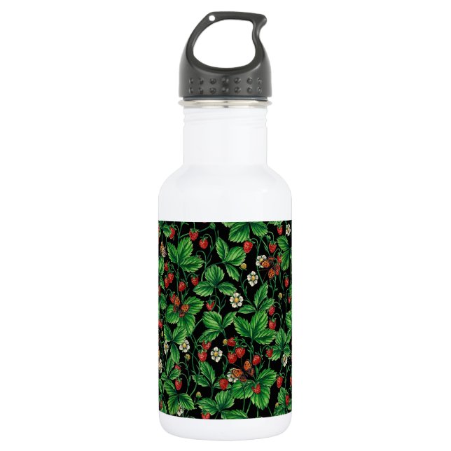 Wild strawberries on black 532 ml water bottle (Front)