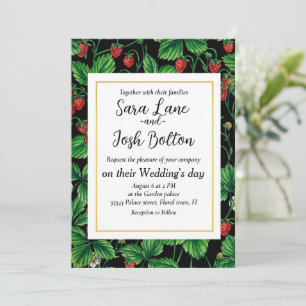 Wild strawberries on black invitation