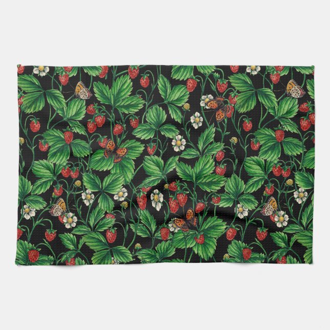 Wild strawberries on black tea towel (Horizontal)