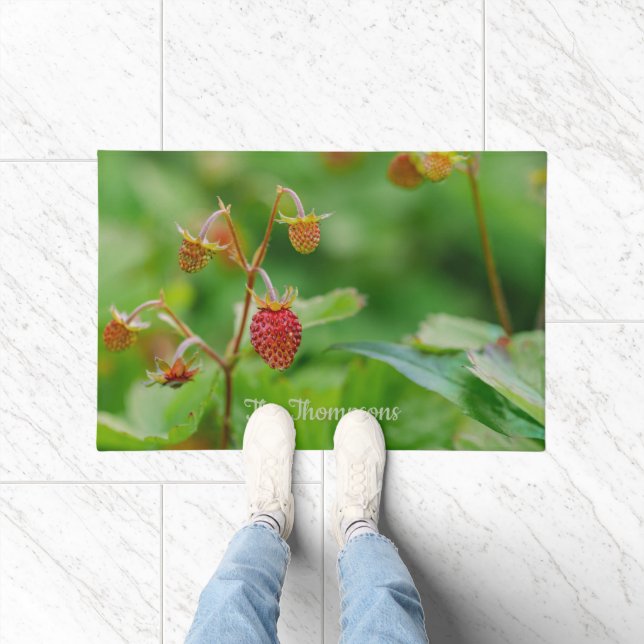 Wild Strawberries On Green Photo With Family Name Doormat (Indoor)