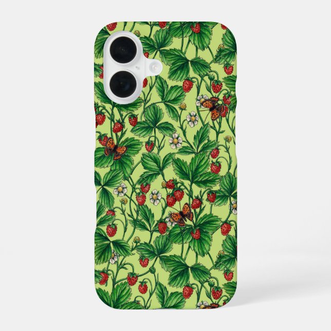 Wild strawberries on honeydew iPhone 16 case (Back)