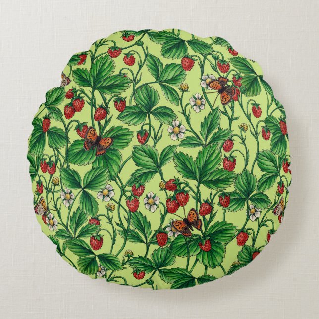 Wild strawberries on honeydew round cushion (Front)