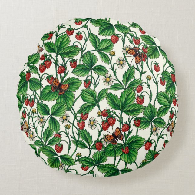 Wild strawberries on off white round cushion (Front)