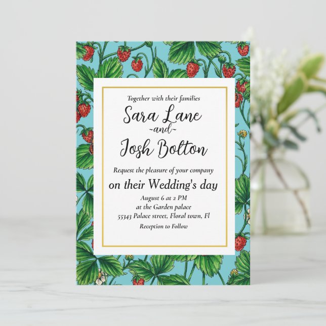 Wild strawberries on pool blue invitation (Standing Front)