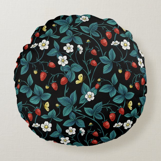 Wild strawberries red/yellow/blue/black round cushion (Front)