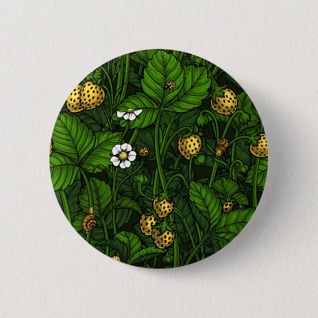Wild strawberries, yellow and green 6 cm round badge (Front)