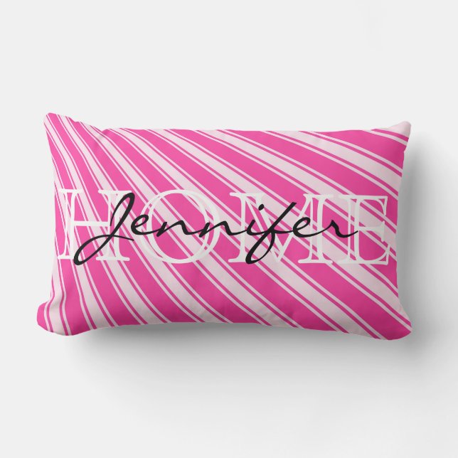 Wild Strawberry Color Stripe Pattern Home Monogram Lumbar Cushion (Front)