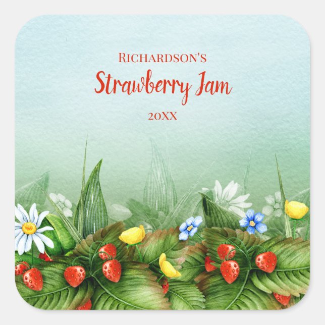 Wild strawberry field homemade jam jelly preserves square sticker (Front)