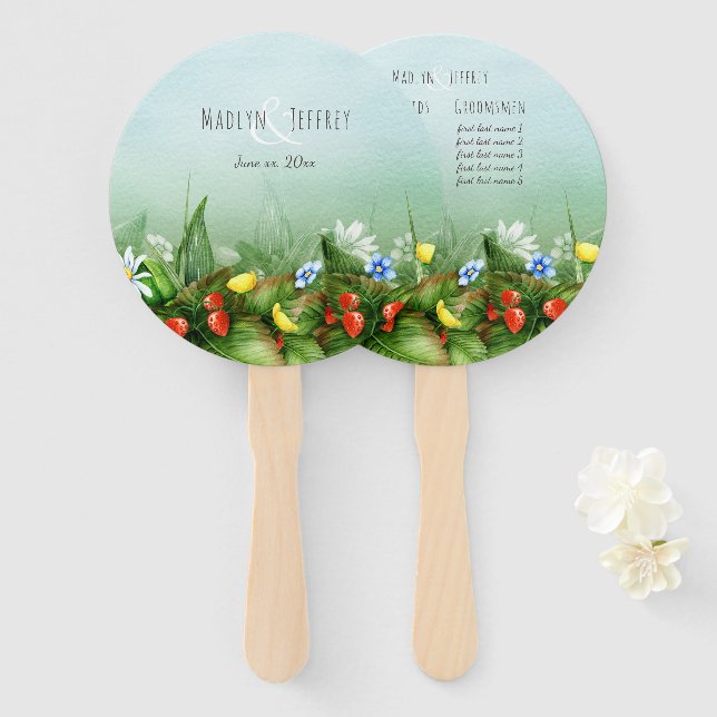 Wild strawberry meadow blue sky country wedding hand fan (Front and Back)
