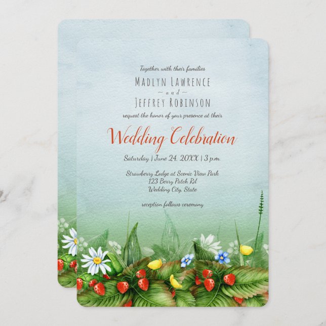 Wild strawberry meadow wildflowers rustic wedding invitation (Front/Back)