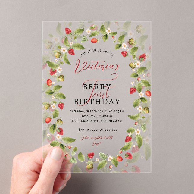 WILD STRAWBERRY SWEET BABY BIRTHDAY ACRYLIC INVITATIONS (Insitu (Handheld))