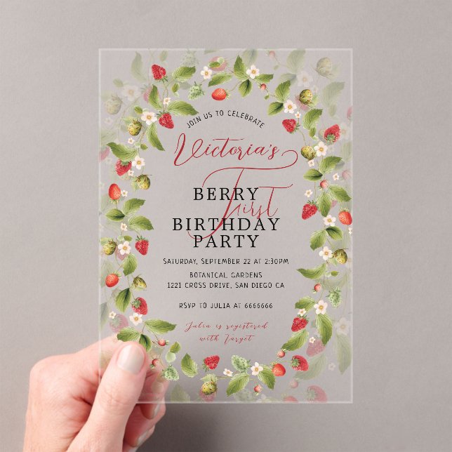 WILD STRAWBERRY SWEET BABY BIRTHDAY ACRYLIC INVITATIONS (Insitu (Handheld))