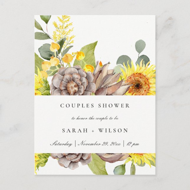 WILD SUNFLOWER EUCALYPTUS PINE FLORA COUPLE SHOWER INVITATION POSTCARD (Front)