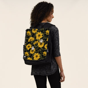 Wild sunflowers and goldcrest birds/ yellow and gr backpack