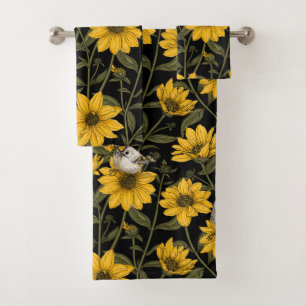 Wild sunflowers and goldcrest birds/ yellow and gr bath towel set
