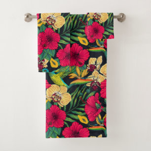 Wild sunflowers and goldcrest birds/ yellow and gr bath towel set