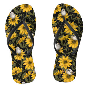 Wild sunflowers and goldcrest birds/ yellow and gr jandals
