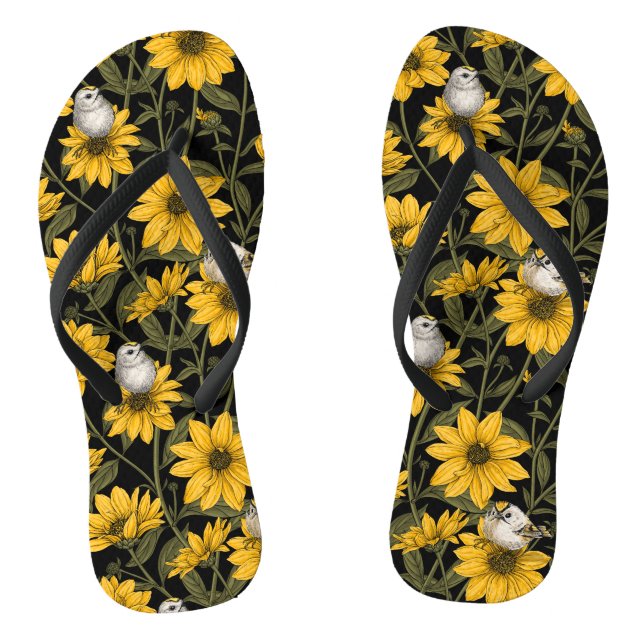 Wild sunflowers and goldcrest birds/ yellow and gr jandals (Footbed)