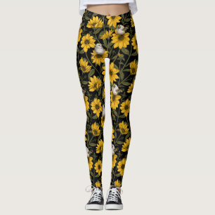 Wild sunflowers and goldcrest birds/ yellow and gr leggings