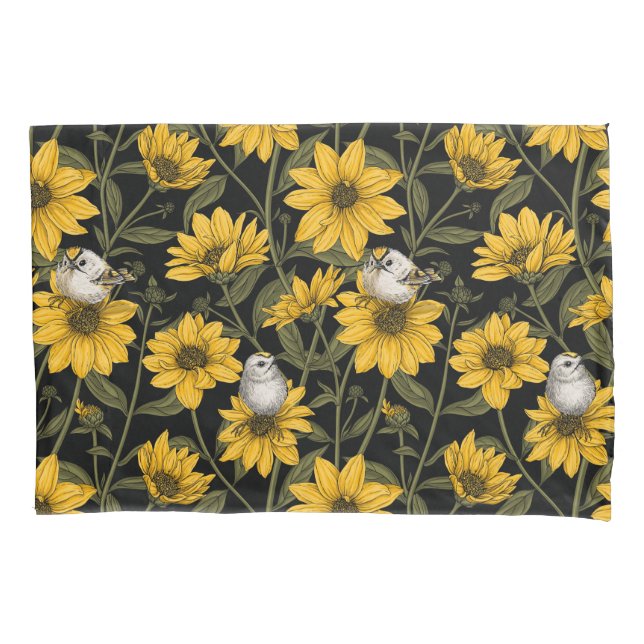Wild sunflowers and goldcrest birds/ yellow and gr pillowcase (Front-Left)