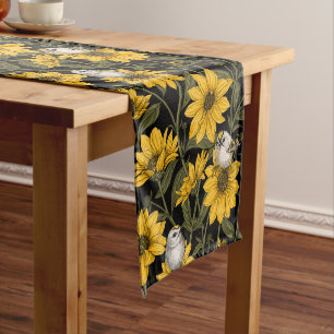 Wild sunflowers and goldcrest birds/ yellow and gr short table runner