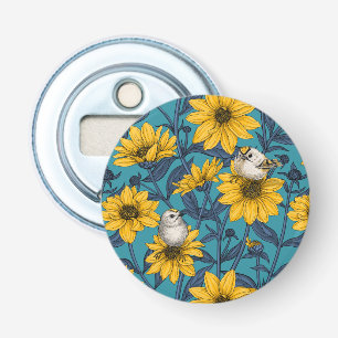 Wild sunflowers and goldcrest birds/ yellow bottle opener