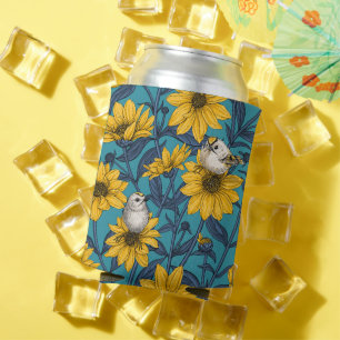 Wild sunflowers and goldcrest birds/ yellow  can cooler