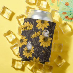 Wild sunflowers and goldcrest birds/ yellow  can cooler