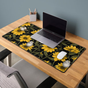 Wild sunflowers and goldcrest birds/ yellow  desk mat