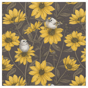 Wild sunflowers and goldcrest birds/ yellow fabric
