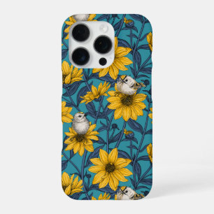 Wild sunflowers and goldcrest birds/ yellow  iPhone 16 pro case
