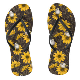 Wild sunflowers and goldcrest birds/ yellow  jandals