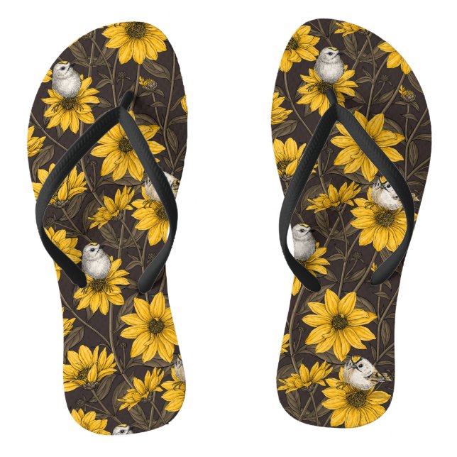 Wild sunflowers and goldcrest birds/ yellow  jandals (Footbed)