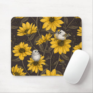 Wild sunflowers and goldcrest birds/ yellow  mouse pad