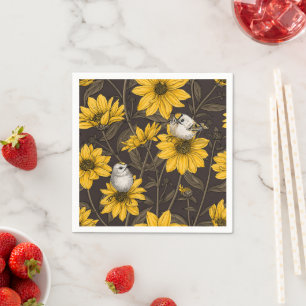 Wild sunflowers and goldcrest birds/ yellow  napkin