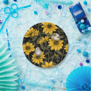 Wild sunflowers and goldcrest birds/ yellow paper plate