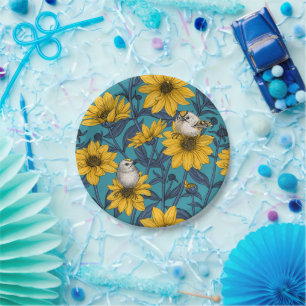 Wild sunflowers and goldcrest birds/ yellow paper plate