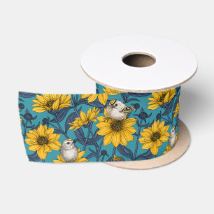 Wild sunflowers and goldcrest birds/ yellow satin ribbon
