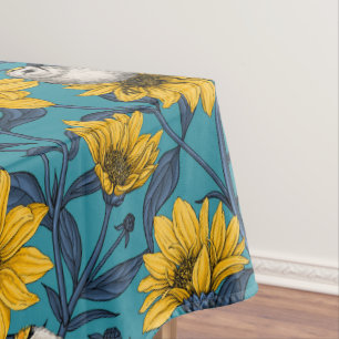 Wild sunflowers and goldcrest birds/ yellow tablecloth