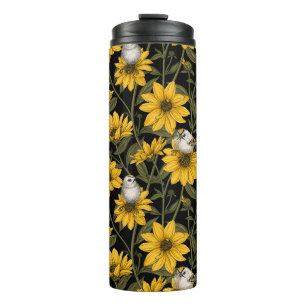 Wild sunflowers and goldcrest birds/ yellow thermal tumbler