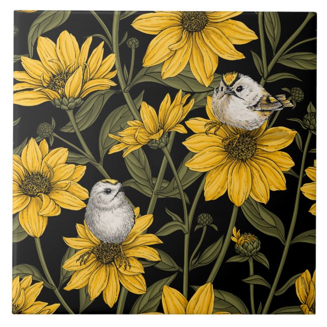 Wild sunflowers and goldcrest birds/ yellow  tile (Front)