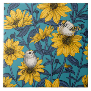 Wild sunflowers and goldcrest birds/ yellow  tile